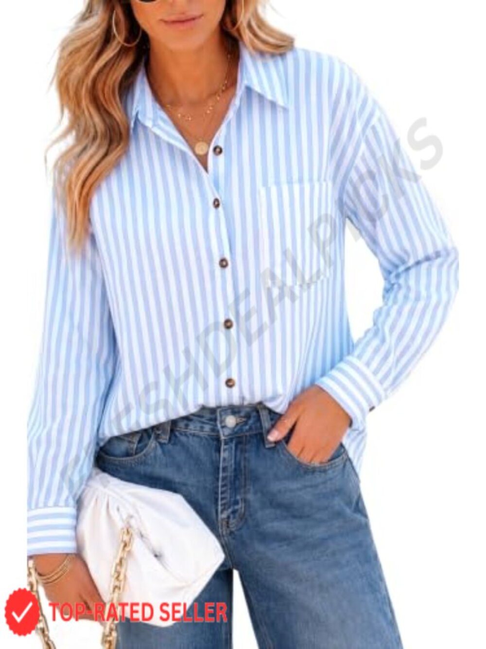 Striped Button Down Long Sleeve Blouse Cotton Blend